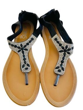 385 Fifth Sandals 9 Black & Silver Rhinestone Boho Shoes Zip Ankle Festival